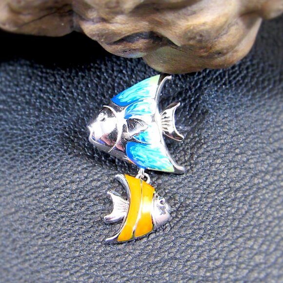 Solid 925 Sterling Silver and Enamel Pair of Fish Double Fishes Slide Pendant - Picture 1 of 8